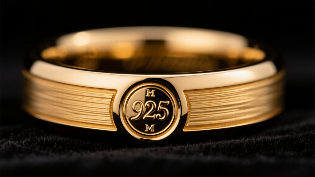 Macro shot of a 925 hallmark stamp inside a gold-colored ring band, lit by soft studio lighting against a dark velvet background.