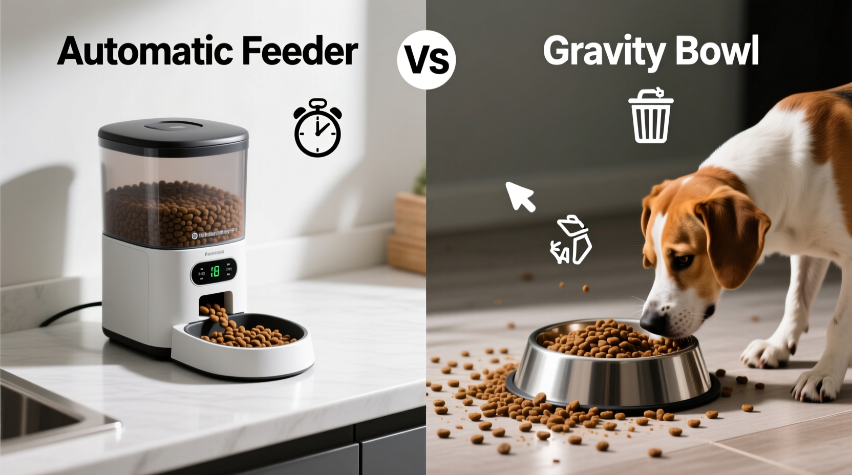 automatic feeder vs gravity bowl which reduces mess and overeating