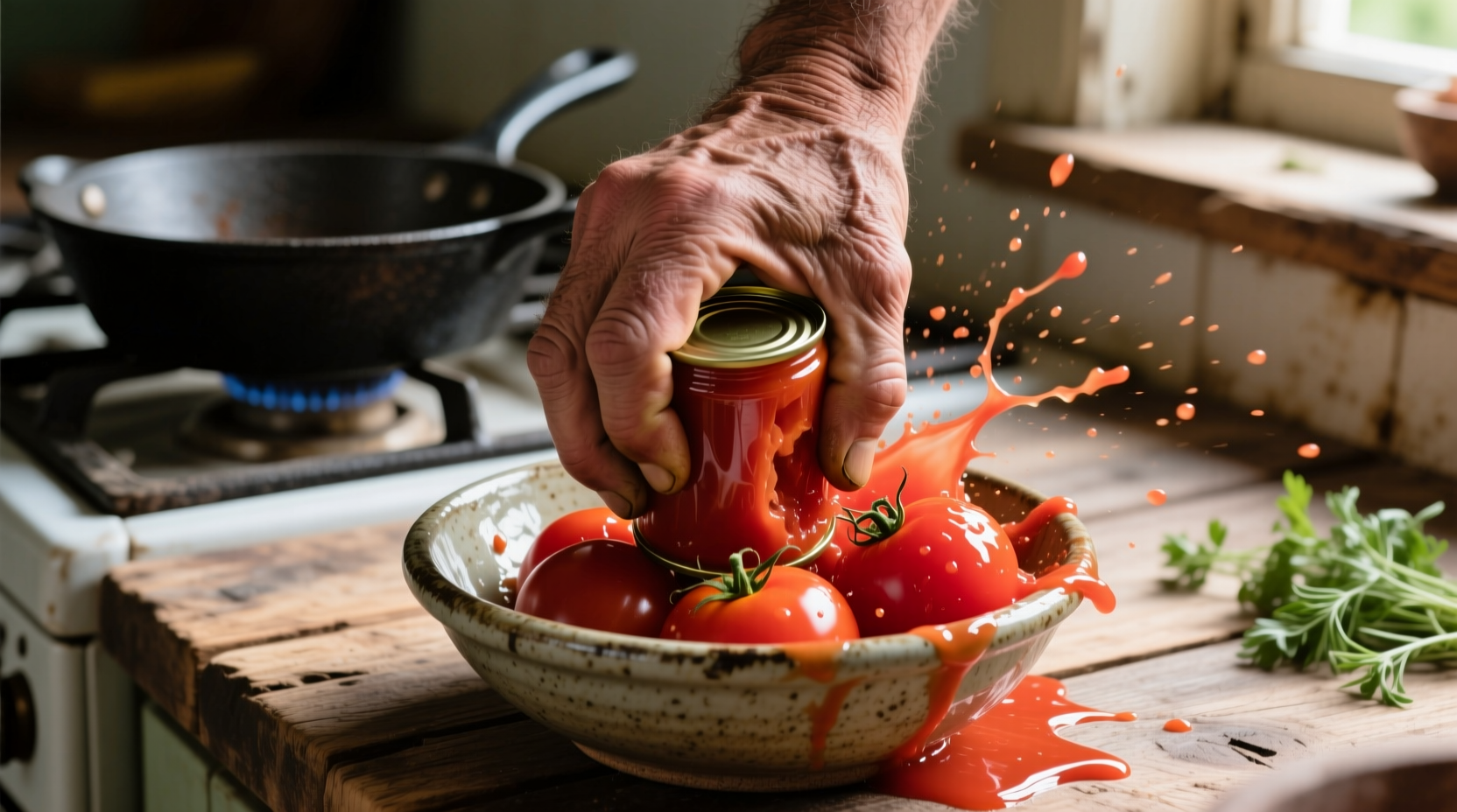 Hand crushing canned tomatoes for sauce