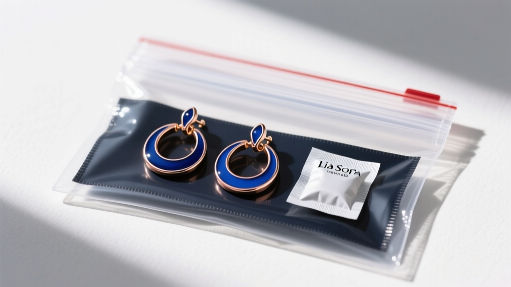 Anti-tarnish ziplock bag holding enameled Lia Sophia hoop earrings, stored with a silica gel packet and a dark anti-tarnish strip