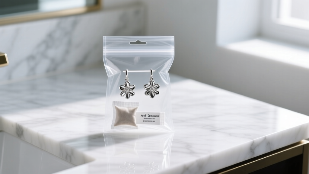 Sealed bag containing silver flower earrings, an anti-tarnish strip, and a silica packet resting on a bright marble vanity top.