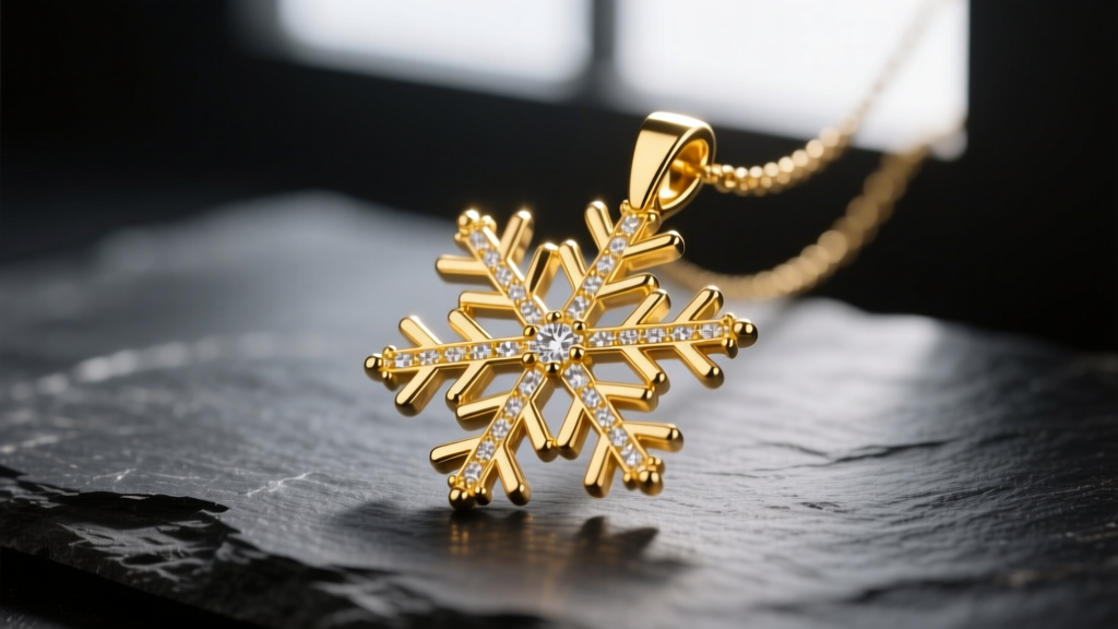 Macro shot of a 14k yellow gold snowflake pendant on dark slate, showing intricate crystalline arms and a polished finish.