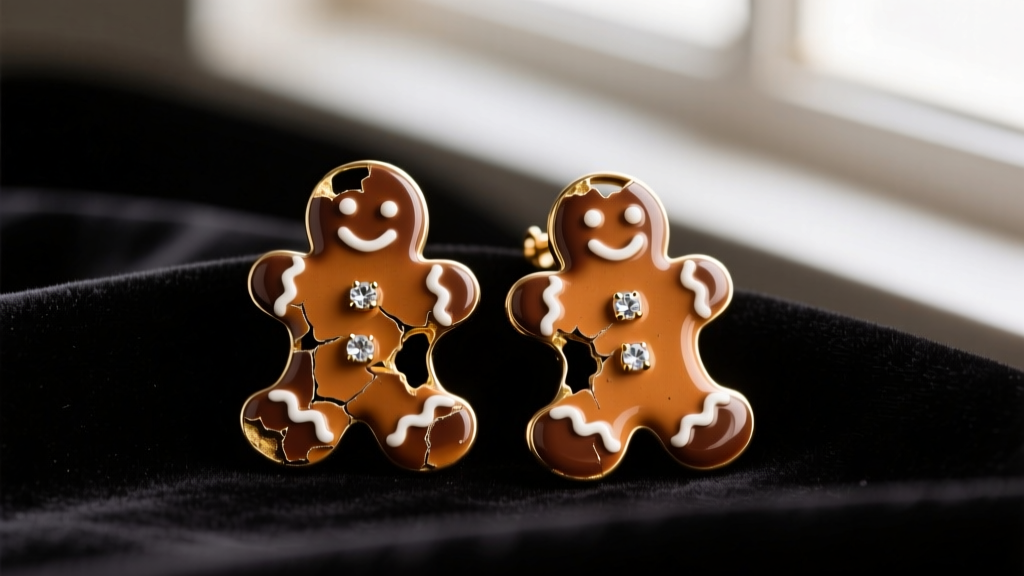 Macro shot of Betsey Johnson gingerbread earrings on dark velvet, revealing chipped brown enamel and missing rhinestone accents