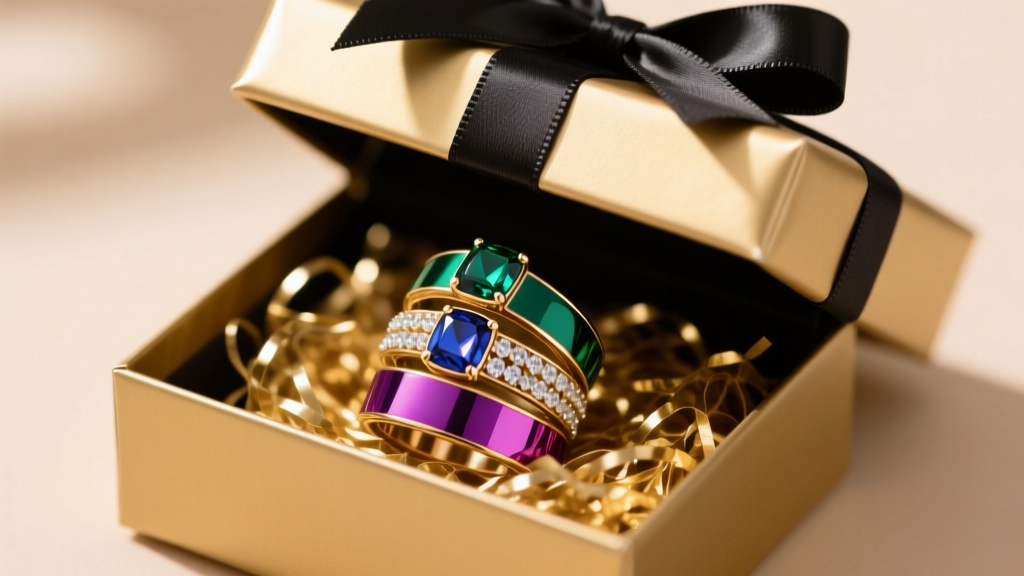 Gift box opening to reveal a stack of three enamel and rhinestone costume rings resting on a bed of shredded gold paper