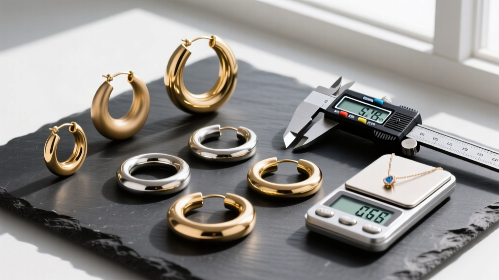 Flat lay of thick hoop earrings in varying diameters, resting on dark slate next to digital calipers and a precision jewelry scale.