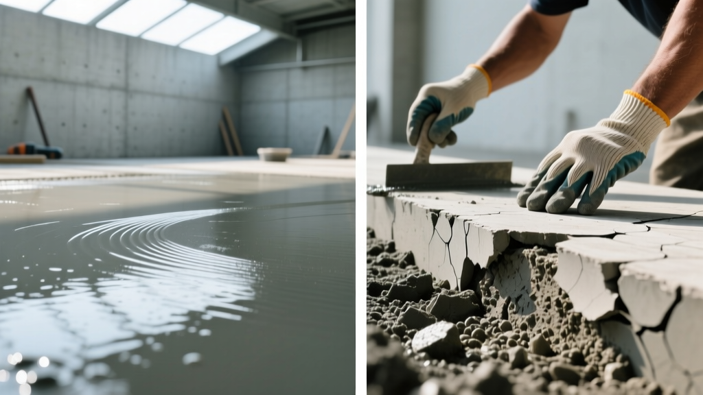 Concrete finisher floating a fresh slab, split view showing smooth surface versus flaking, scaled concrete texture.