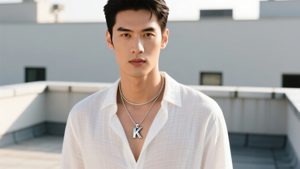 Male model wearing a polished sterling silver K pendant layered with a thin rope chain over a white linen shirt in natural sunlight.