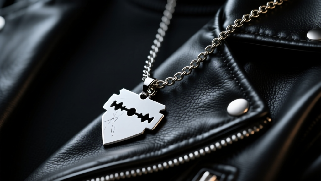 Surgical steel razor blade pendant on a 20-inch curb chain resting against a black leather jacket under moody studio lighting.