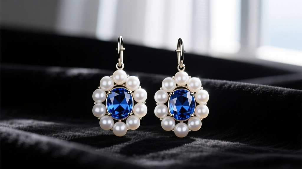 Close-up of elegant drop earrings featuring a brilliant blue sapphire surrounded by a halo of white Akoya pearls on dark velvet.