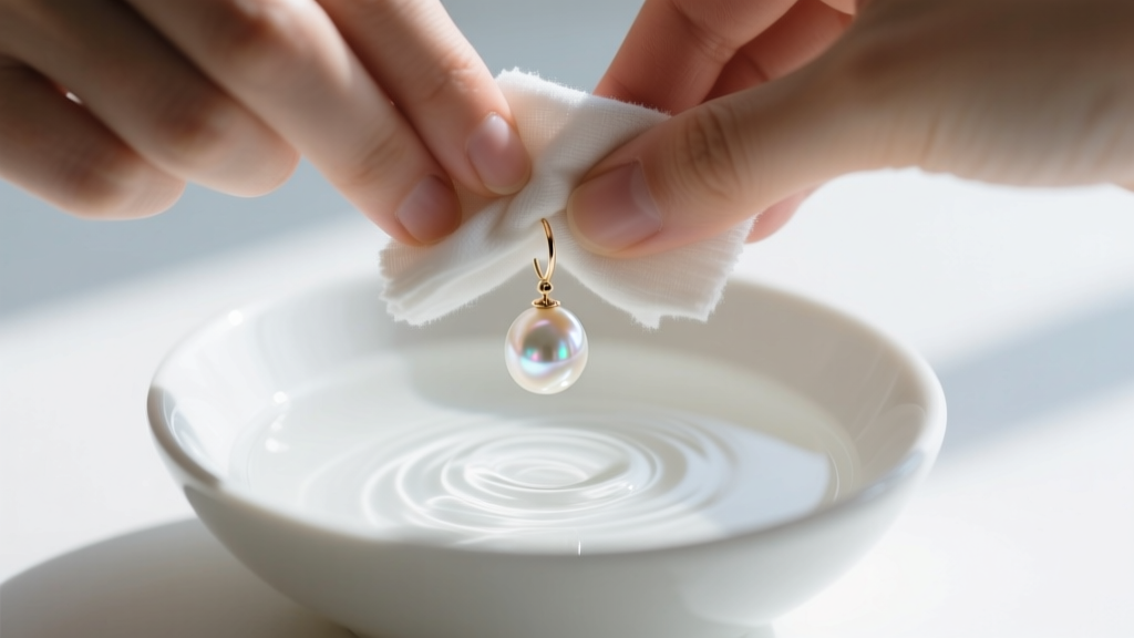 Hands gently wiping a pearl drop earring with a damp microfiber cloth over a ceramic bowl containing distilled water and mild soap.