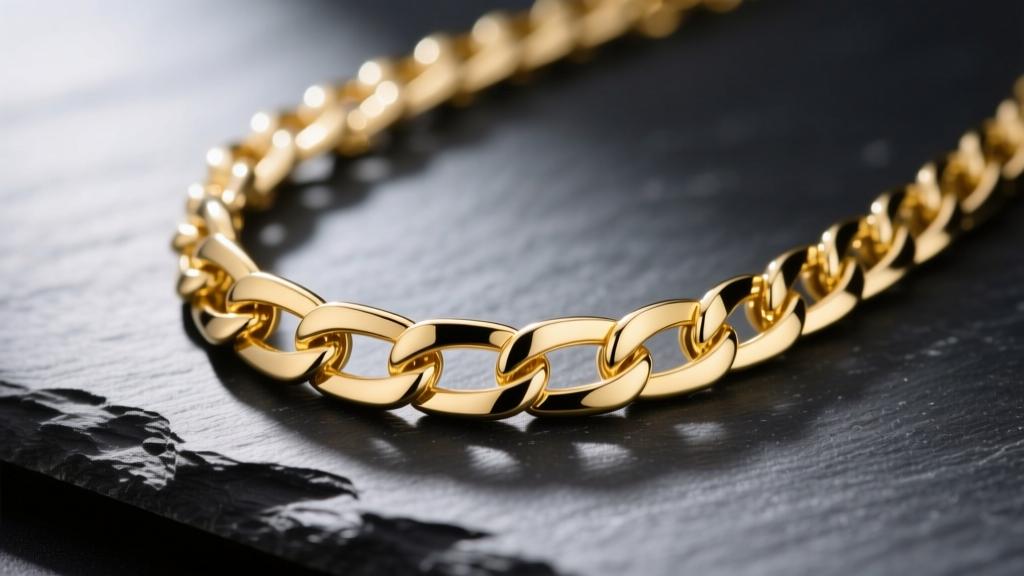 Close-up of a polished 18k yellow gold square chain necklace on dark slate, highlighting the geometric interlocking links