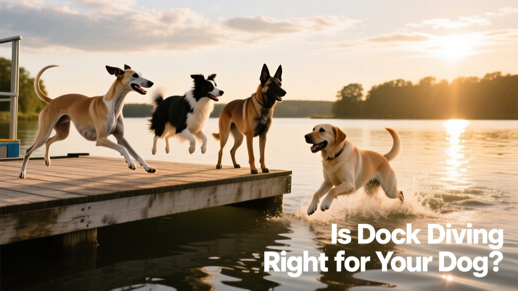 Four different dog breeds—Whippet, Border Collie, Belgian Malinois, and Labrador Retriever—playing together near a dock diving platform