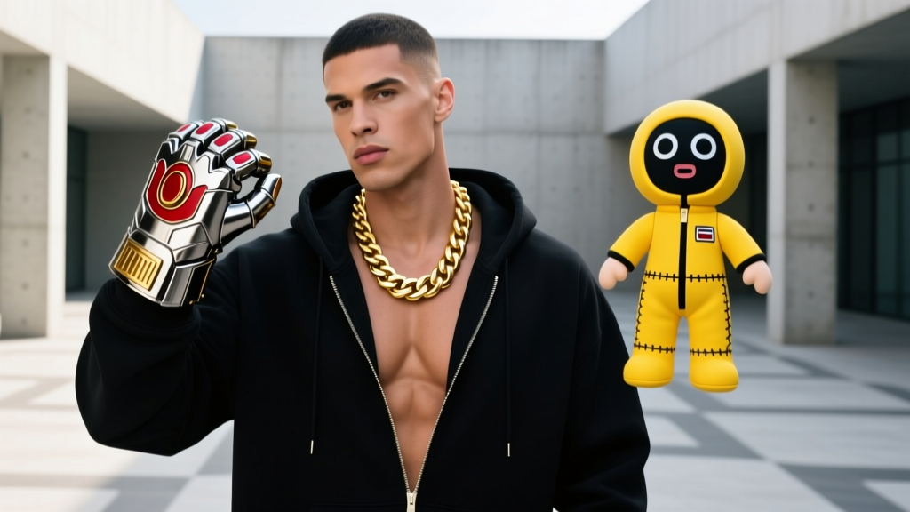Male model wearing a gold Cuban chain with a Thanos gauntlet holding a Squid Game doll pendant over a black hoodie.
