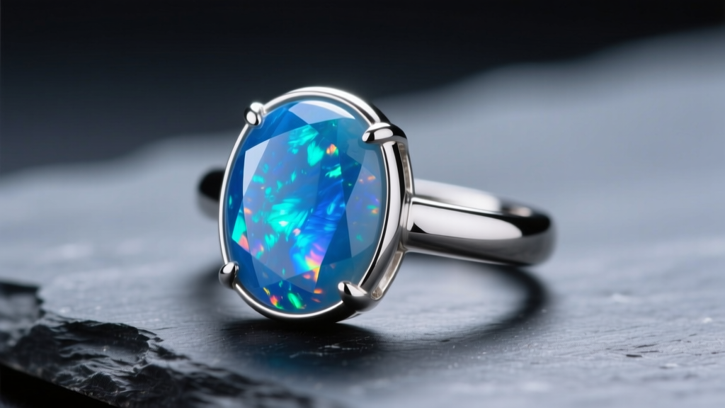 Macro shot of polished blue Peruvian opal cabochon set in sterling silver bezel ring, resting on dark slate, soft studio lighting