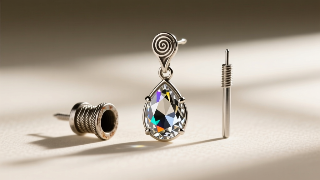 Close-up of an original 1920s platinum threaded earring post beside a modern soldered conversion post on an Art Deco diamond drop