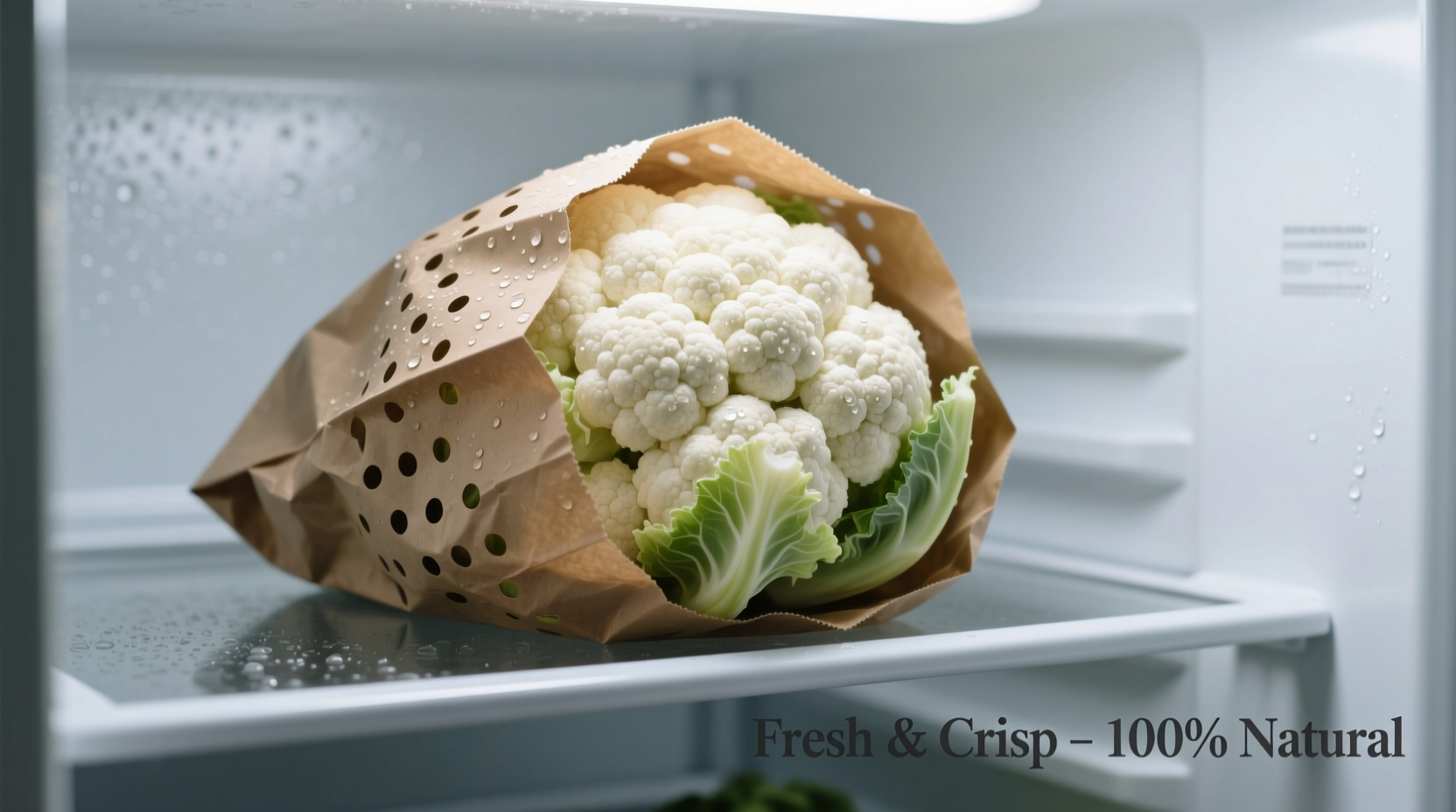 Fresh cauliflower stored in perforated bag in refrigerator