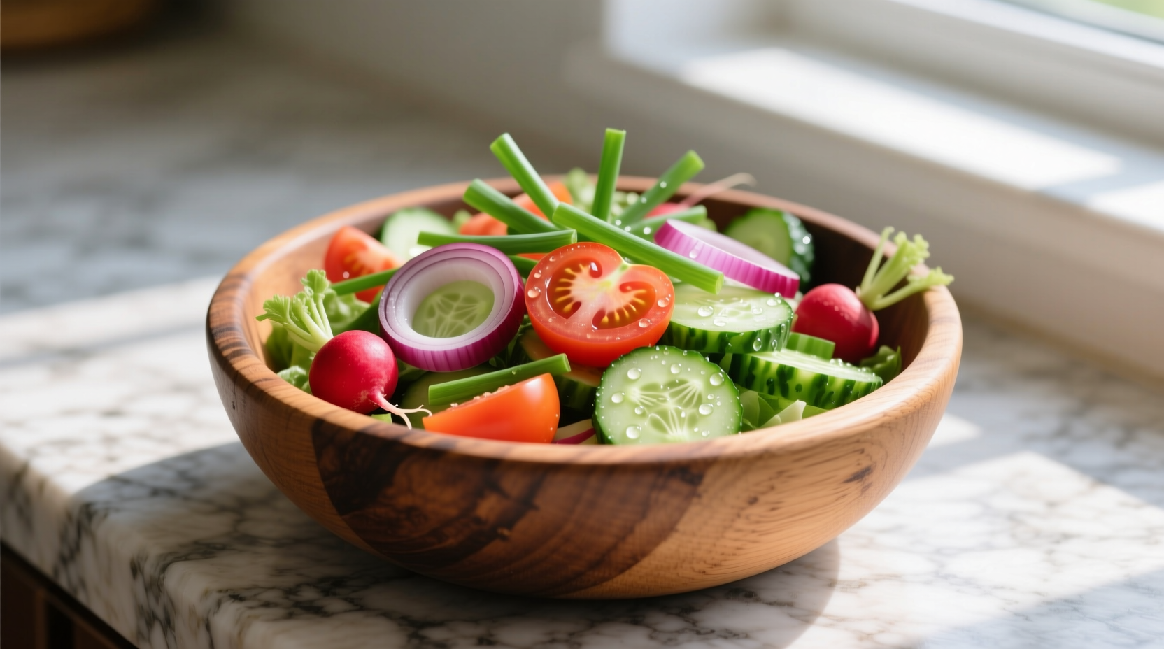 Fresh onion tomato cucumber salad in wooden bowl