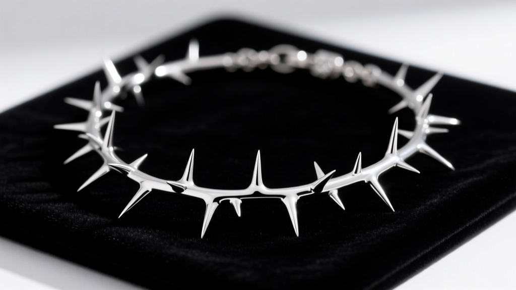 Macro shot of a sterling silver thorn necklace on dark velvet, displaying polished metallic briars and sharp botanical details.