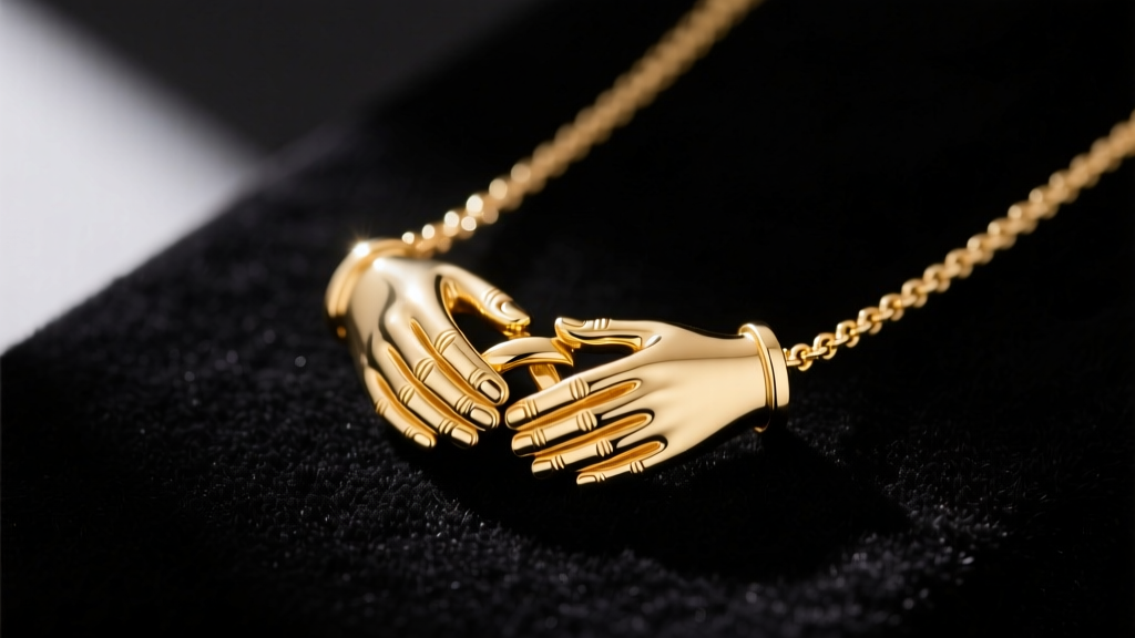 14k gold interlocking hands pendant on black velvet, soft lighting highlighting detailed finger textures and a fine chain