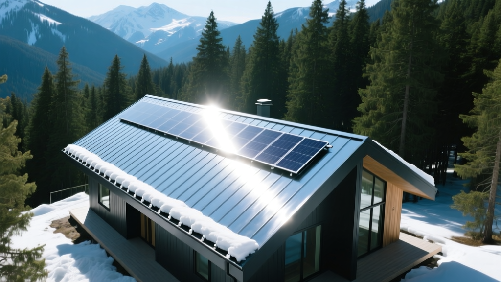 Aerial view of a standing seam metal roof with integrated snow guards and solar reflective coating on a modern mountain cabin surrounded by pine trees