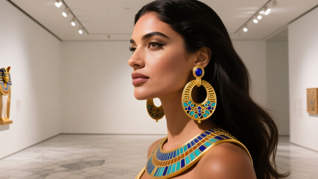 Woman wearing elaborate gold and faience ancient Egyptian style hoop earrings, lit by warm and dramatic museum gallery lighting