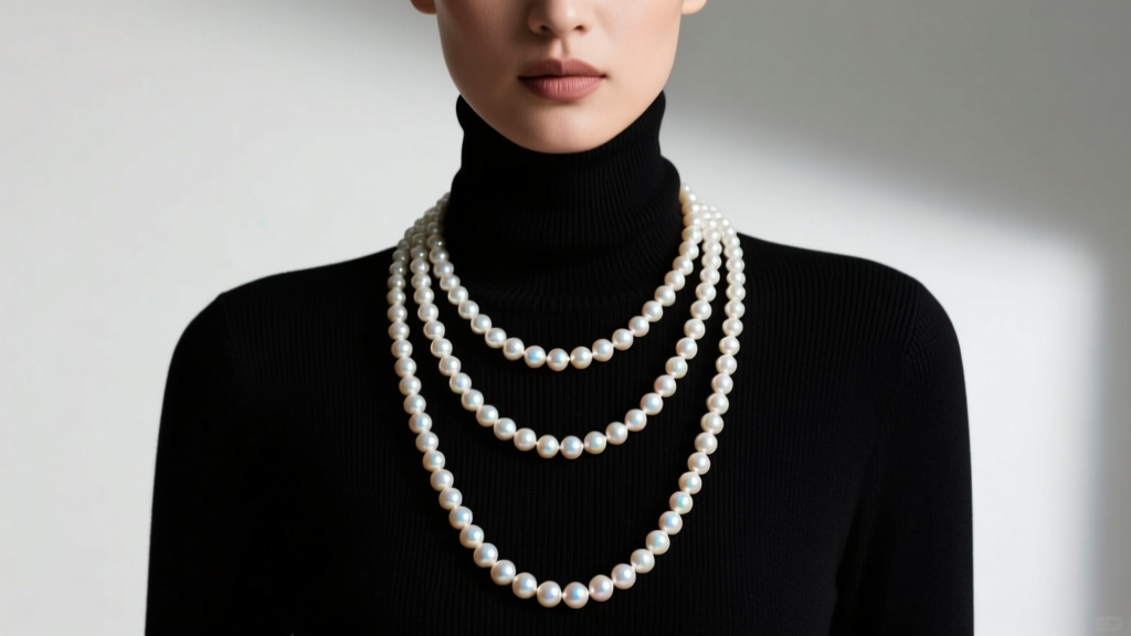 Model wearing a 36-inch opera-length freshwater pearl necklace doubled over a black turtleneck sweater in soft studio lighting.