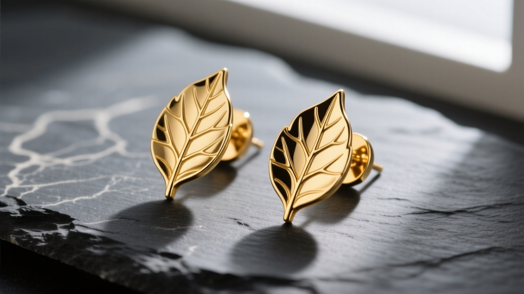 Macro shot of 14k solid gold leaf earrings on dark slate, showing intricate vein engravings and warm metallic luster