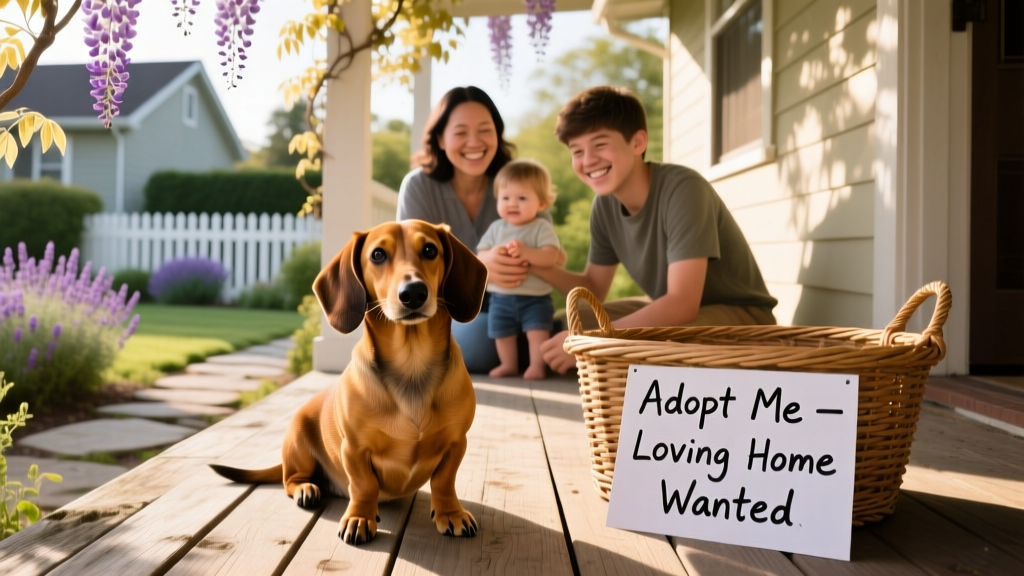 A gentle, well-groomed Dachshund sitting calmly beside a family on a sunlit porch