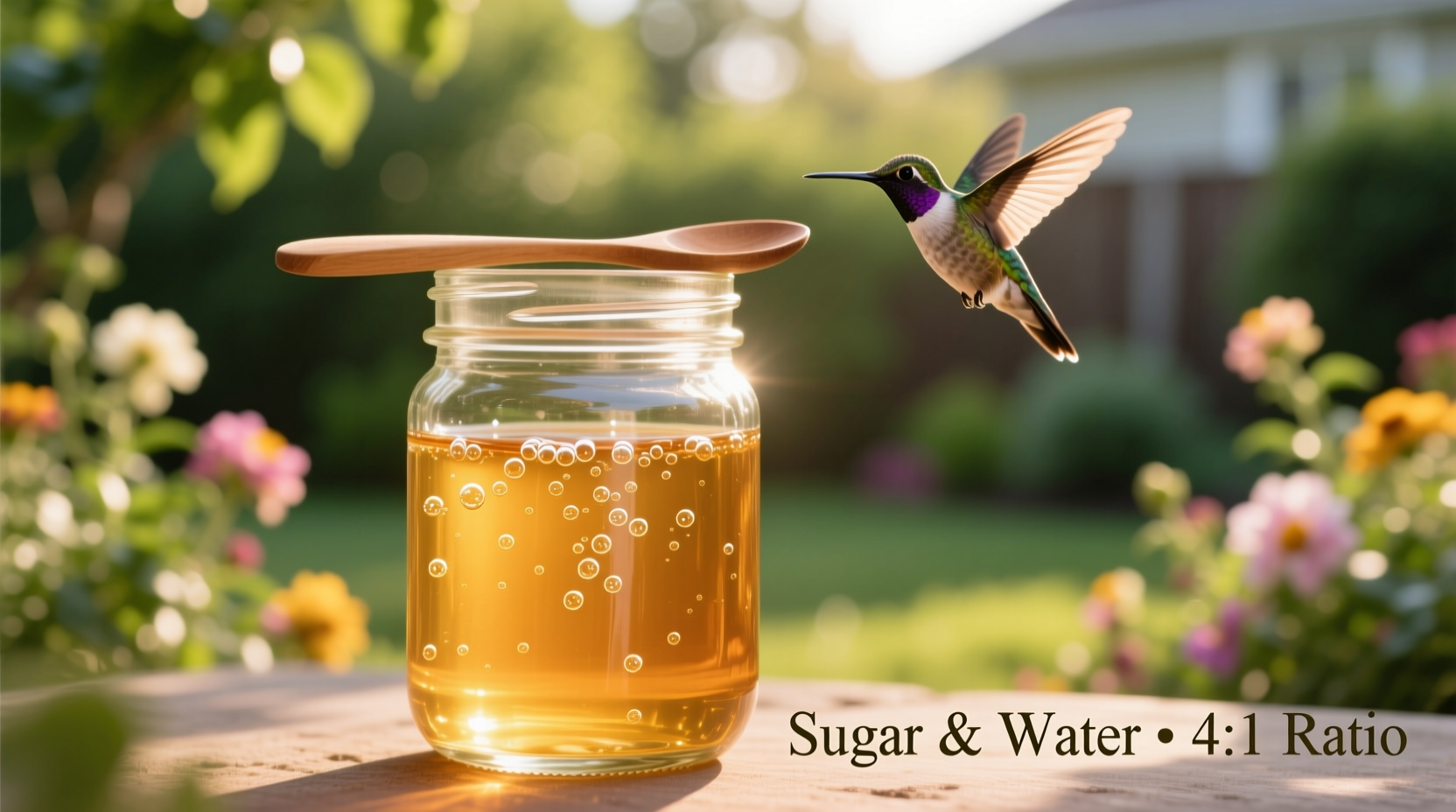 Homemade hummingbird nectar in glass container