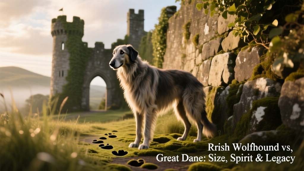 Historical illustration of an Irish Wolfhound standing beside a medieval Irish castle