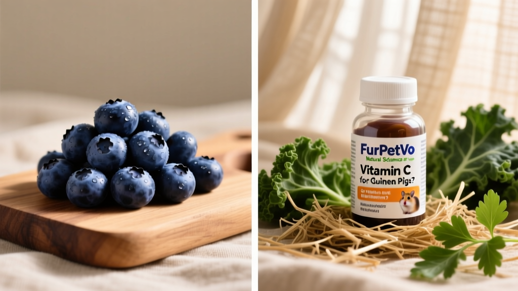 Side-by-side comparison: fresh blueberries on one side, and a labeled FurPetVo Natural Science Vitamin C supplement bottle with hay and leafy greens on the other