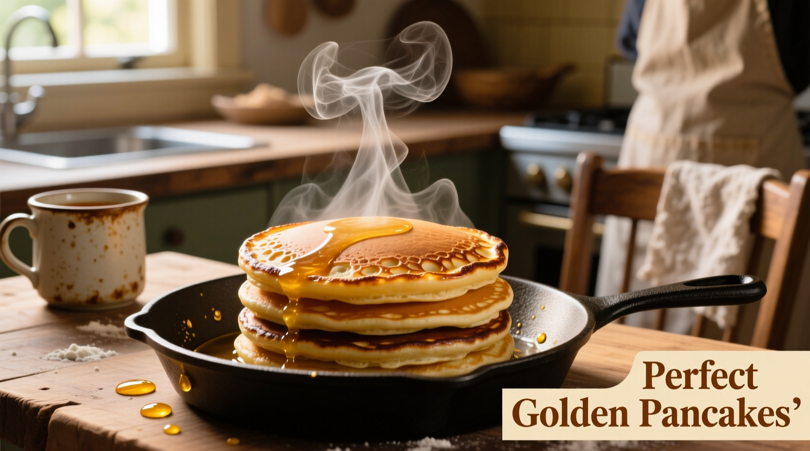 Perfect golden pancakes with steam rising