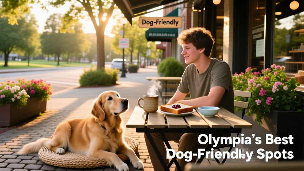 A relaxed outdoor dining scene with a person and their dog at a sunny sidewalk table