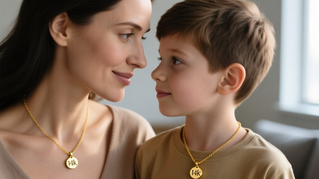 Close-up of a mother and her ten-year-old son wearing matching 14k solid gold coordinate necklaces in soft natural window light.