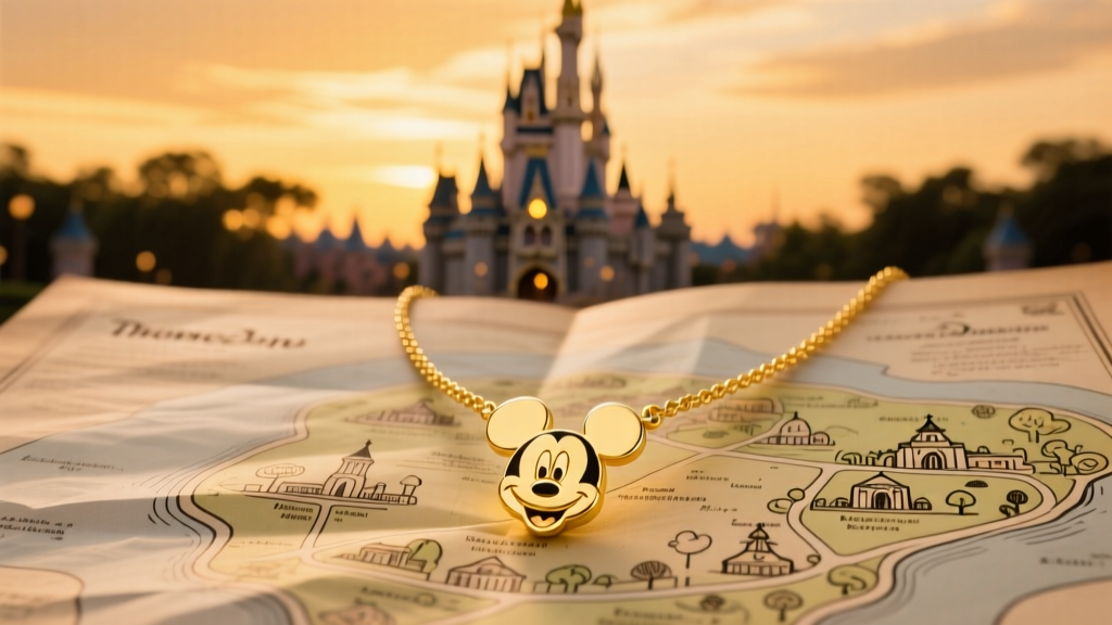 14k yellow gold hidden Mickey necklace resting on a vintage theme park map with a blurred castle in a warm golden hour background.