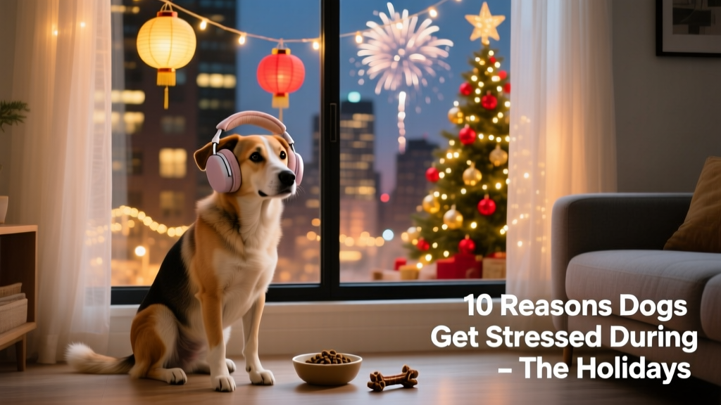A dog wearing soft noise-dampening headphones, sitting calmly beside a window with festive lights visible outside