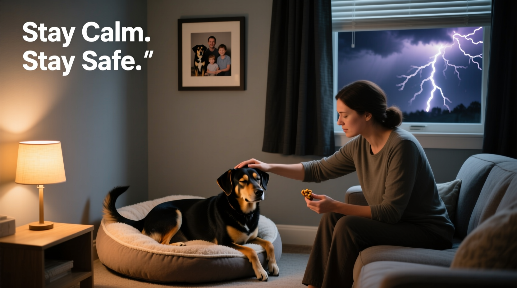 how to calm an anxious dog during thunderstorms or fireworks safely