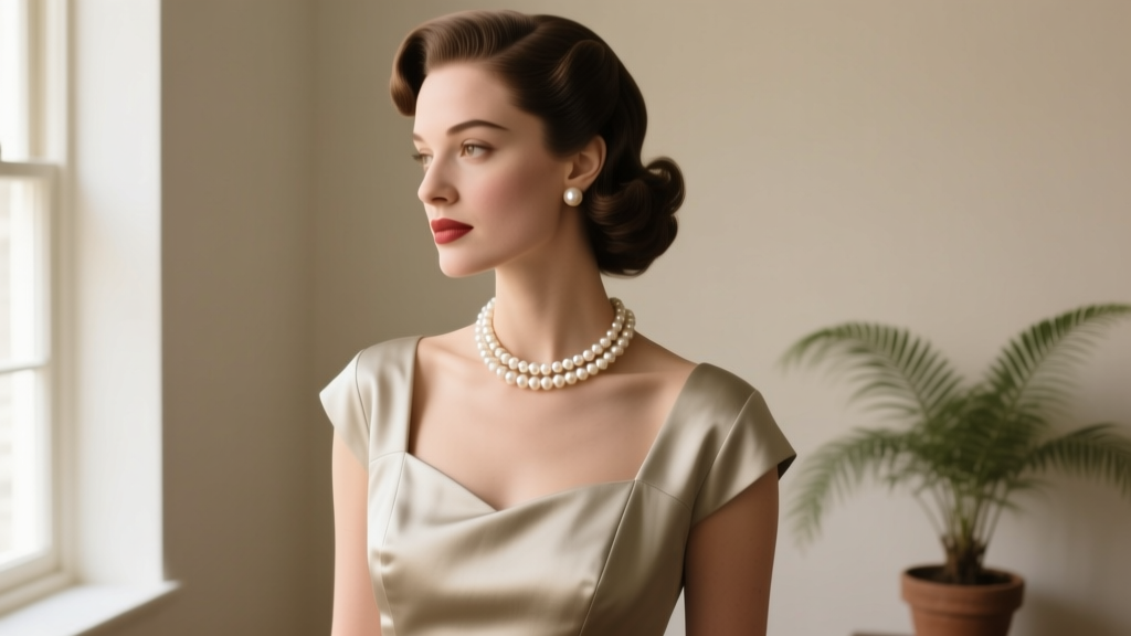 A woman in a 1950s style boatneck dress wearing a 16-inch vintage cultured pearl choker necklace, soft natural window lighting