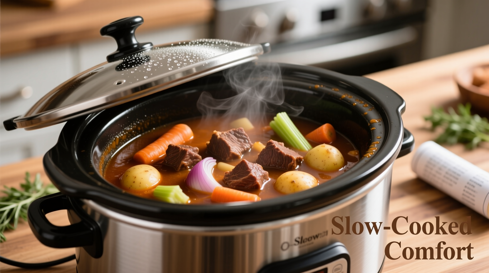 Slow cooker appliance with lid removed showing stew ingredients