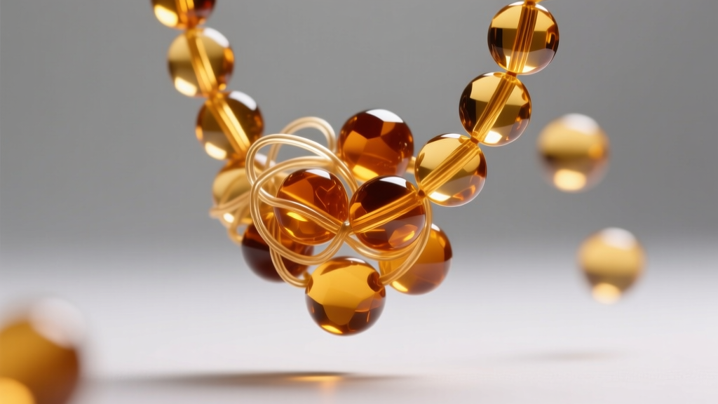 Amber beads showing static cling, tangled together against a neutral gray background with soft, diffused studio lighting.
