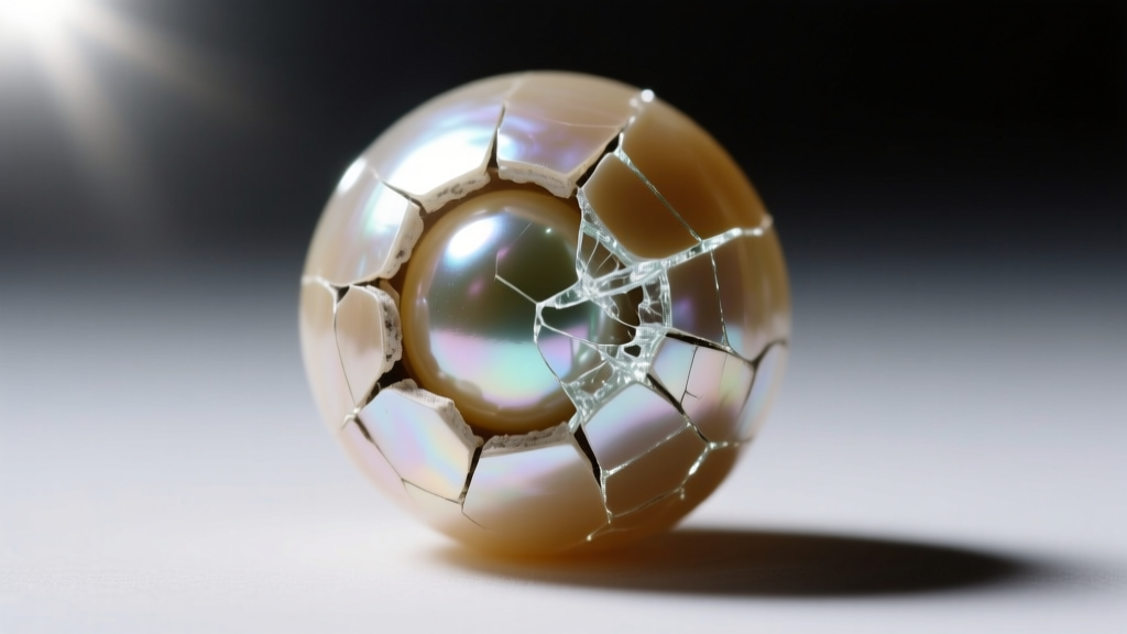 Macro photography of a peeling faux pearl revealing the glass bead core underneath, illuminated by harsh directional light.