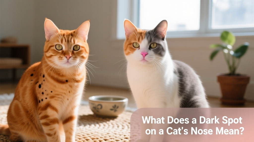 Side-by-side comparison showing normal lentigo spots on an orange cat's nose versus smooth, uniform pink nose of a non-orange cat
