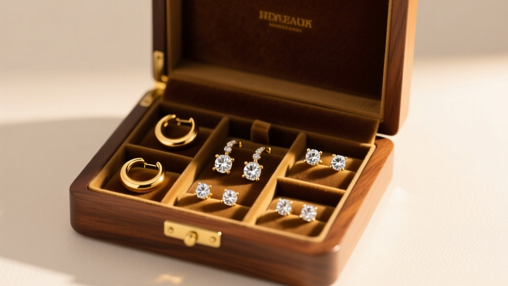 Open velvet-lined wooden earring box displaying organized gold hoops and diamond studs under soft, warm directional lighting.