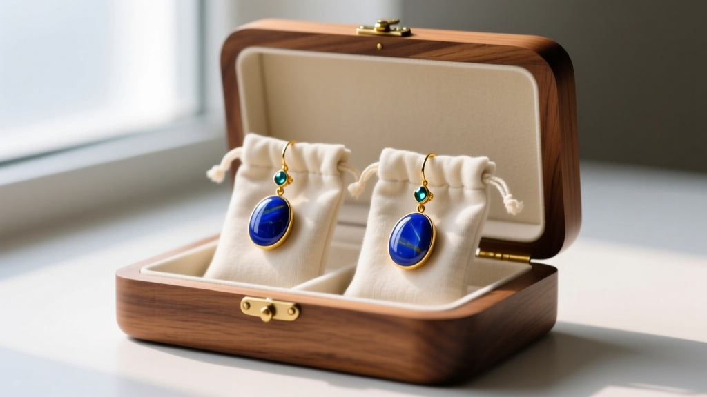 Lapis dangle earrings stored individually in anti-tarnish flannel pouches inside a lined wooden jewelry box to prevent tangling.