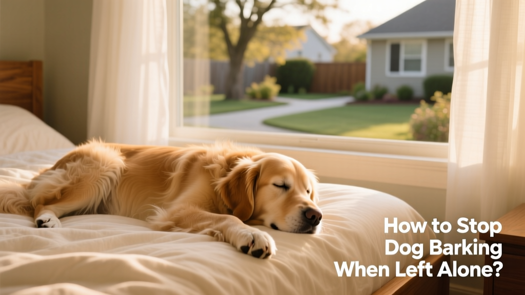 A calm, relaxed dog resting on a cozy bed near a window, looking content and at ease