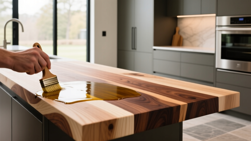 End-grain maple and walnut butcher block countertop being treated with food-safe mineral oil during a modern kitchen remodel