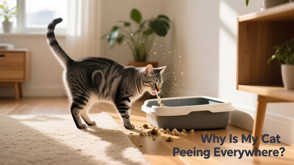 A cat peeing outside the litter box.