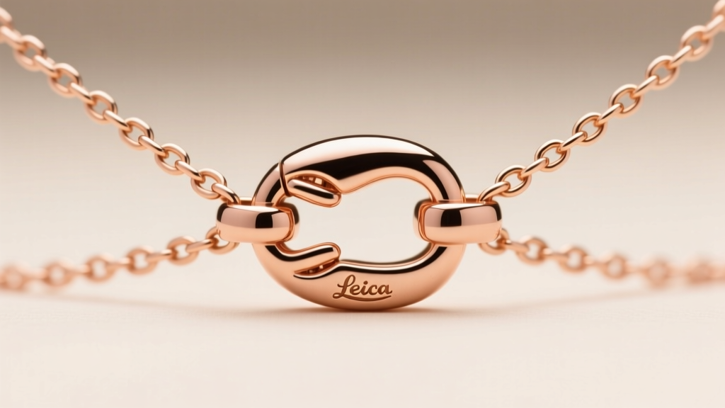 Macro shot of a rose gold necklace spacer clasp connecting three delicate chains, highlighting the secure lobster claw mechanism.