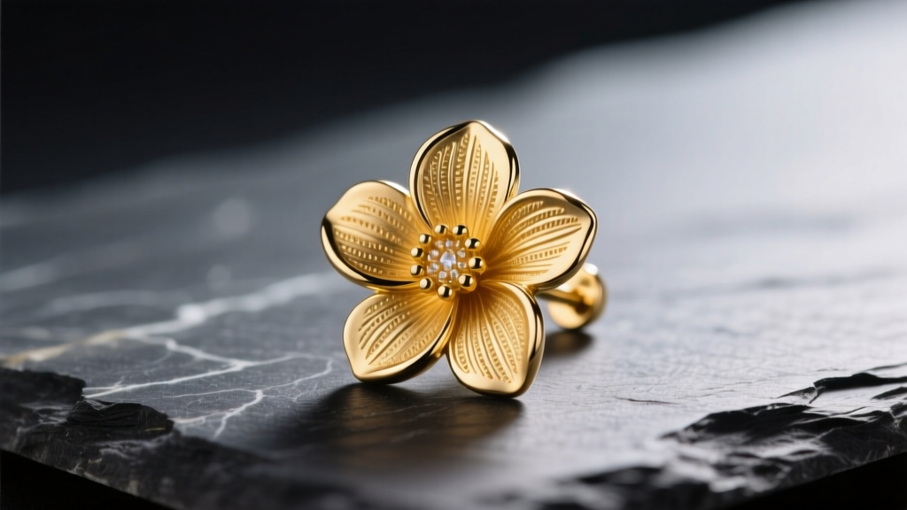 Macro photography of an intricate 18k yellow gold flower earring stud with textured petals and matte finish resting on dark slate