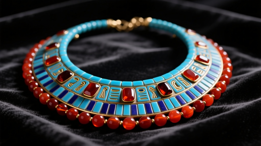 Close-up of an authentic ancient Egyptian broad collar necklace made of blue faience and carnelian beads resting on dark velvet